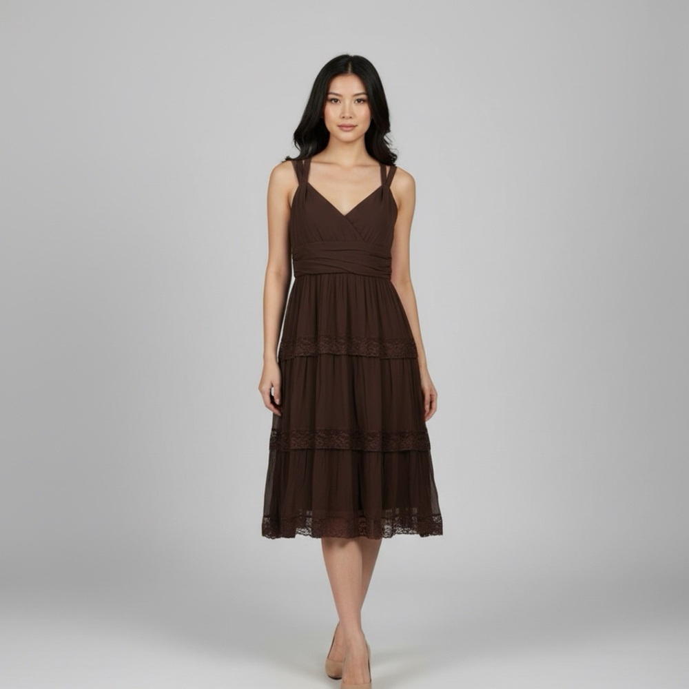 BCBG MaxAzria Brown Ruched Tiered Midi Dress- New never worn.